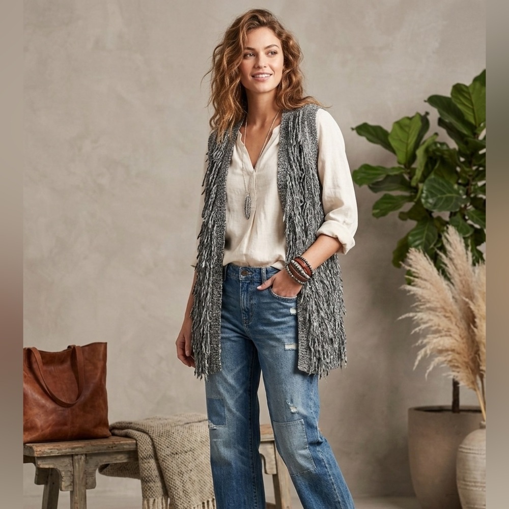 Dex Charcoal Gray Fringe Sleeveless Knit Vest